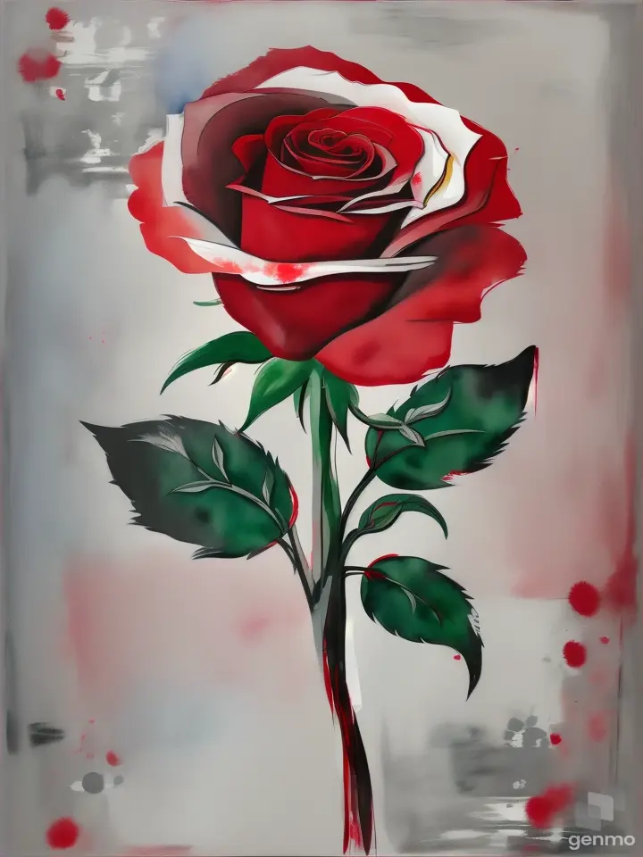  в стиле Пикассо. A mixed media painting of an abstracted A pop-art: solitary red rose. with white sketch outlines. Фон: светло-серый поп-арт, watercolor.