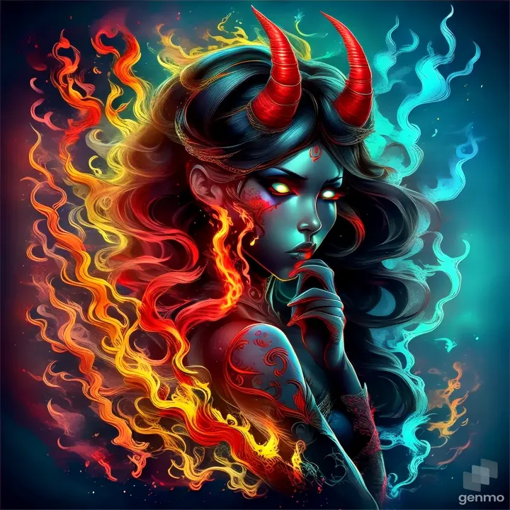 a woman with horns and flames on her face