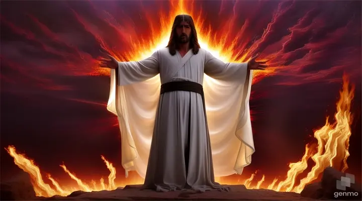 movie still from the passion of the crhrist. pale light glowing Jesus apparition. He is wearing a white tunic. He is surrounded by a dark pitch blackness, and shows his heart bursting in flames. A blaze of light emerges from it. amazing Light coming out of his chest 8k. ultra realistic.