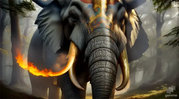 Fire-breathing war elephant in a magical forest There are many ancient weapons.