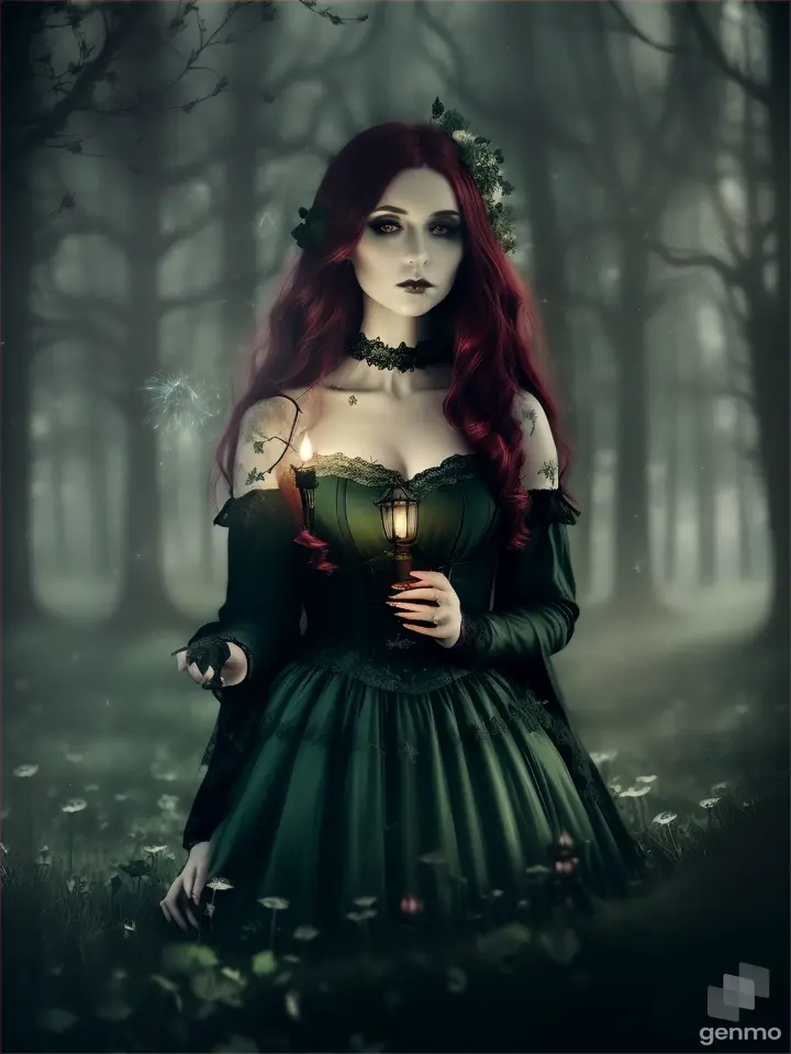 A beautiful gothic goddess with dark rose-red hair, dandelion tattoo & a lantern standing in a dark green forest, moonlight, landscape