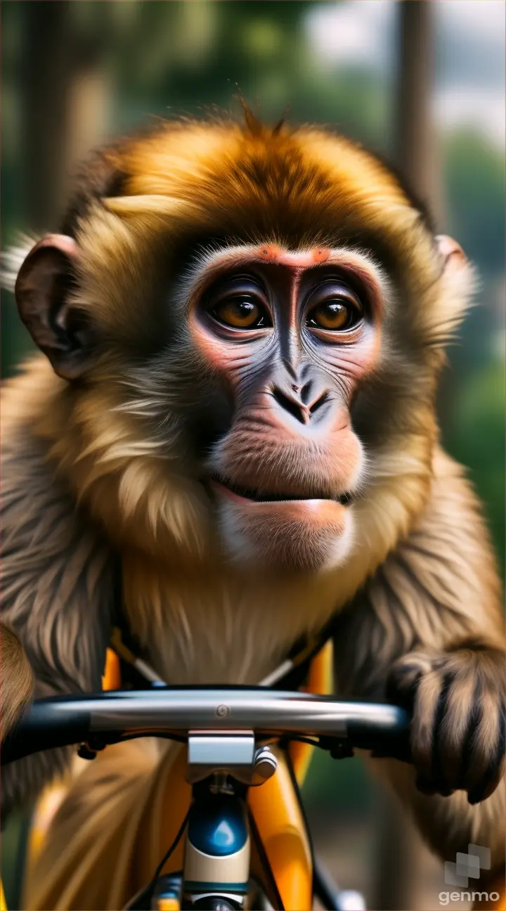 a rough monkey sits on a bicycle