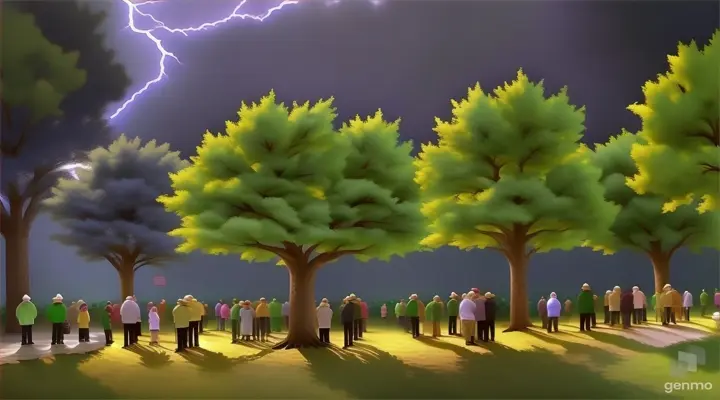 a group of people standing in front of a tree