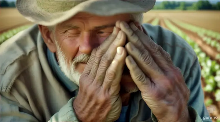  A close-up of Farmer's weathered hands clasped in prayer, a serene smile gracing his lips