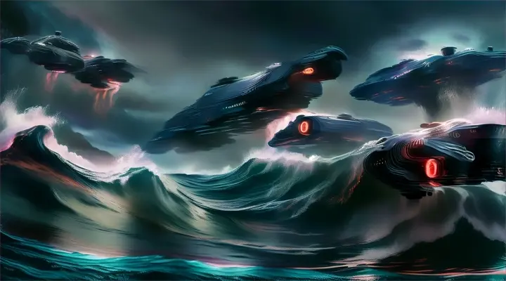 strange alien wild ocean with colourful waves, alien spacecraft hover above the oceans surface, creating the waters to spray and mist incredible details, cinematic, photorealistic, dark sci-fi fantasy style