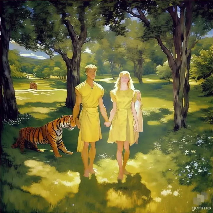 a painting of a man and a woman holding hands in a field with a tiger