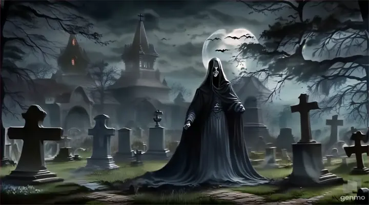 a cemetery with a ghost standing in front of it