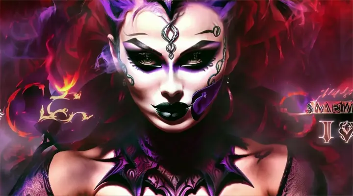 a woman with purple hair and makeup wearing a mask. smoking. fire in background.
