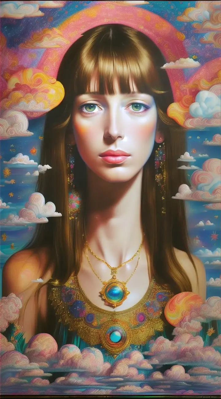 Surreal portrait of Jane Birkin hair long total blue with Lucy in the Sky with Diamonds inspired elements, surrounded by clouds, a sea of sugar, and vibrant kaleidoscope eyes glow, Hyper-realistic portrait of Jane Birkin with kaleidoscope eyes glow, hair long in total blue, surrounded by yellow & green diamonds, colibri, and manderines