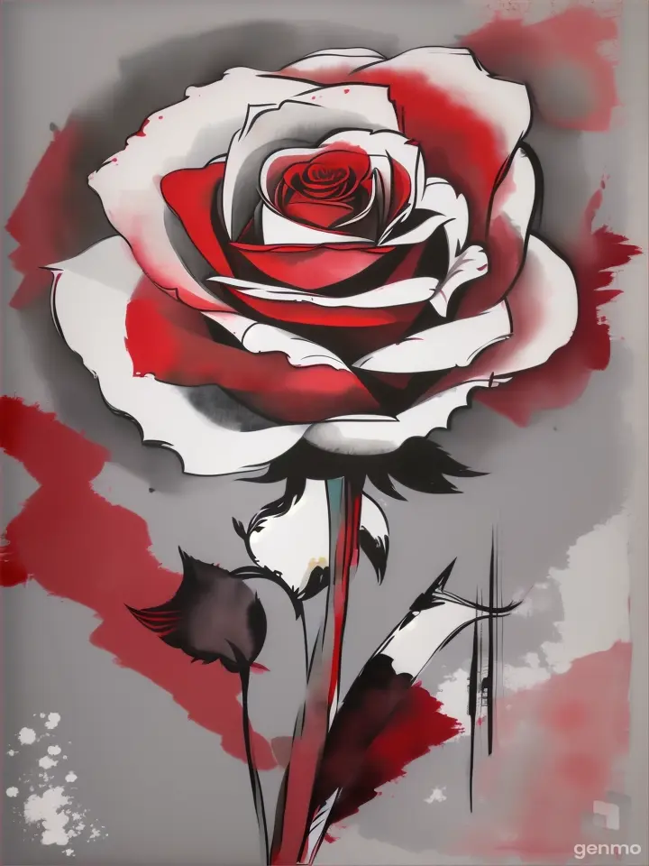  в стиле Пикассо. A mixed media painting of an abstracted A pop-art: solitary red rose. with white sketch outlines. Фон: светло-серый поп-арт, watercolor.