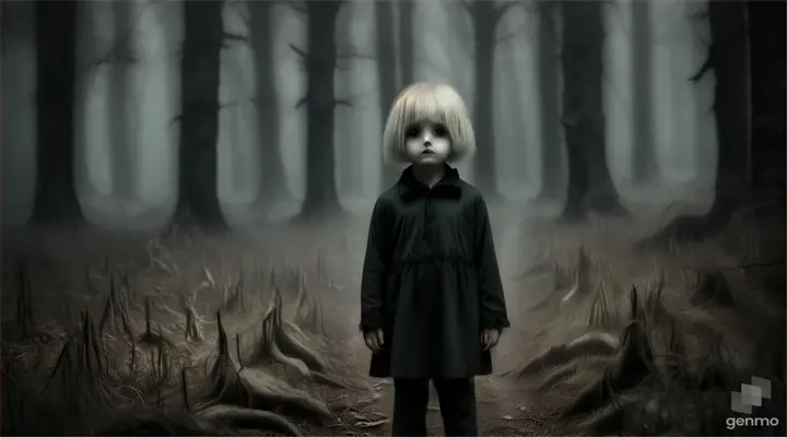 childlike creature like the momo meme horror in a forest