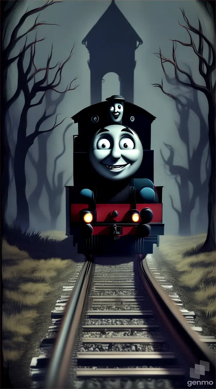Creepy side of Thomas the train, cartoon style, with big Creepy smile