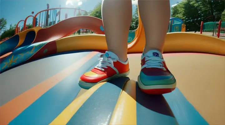 a boys perspective riding a slide looking down at his shoes. on a playground.