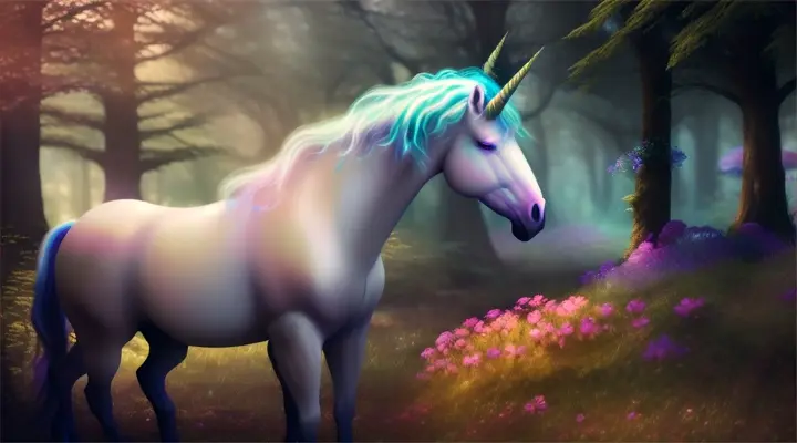 A unicorn in a mystical, glowing forest complete with colorful flowers, mushrooms, and butterflies