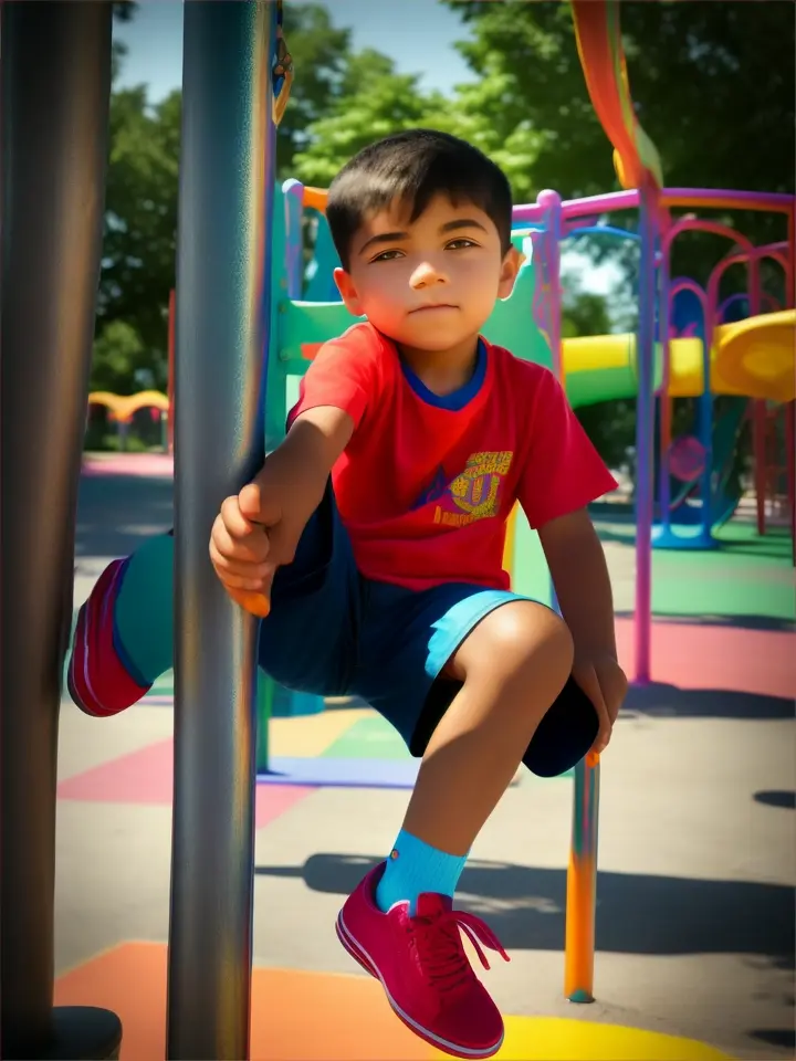 a boy with colorful shoes in a colorful playground chained to a pole.