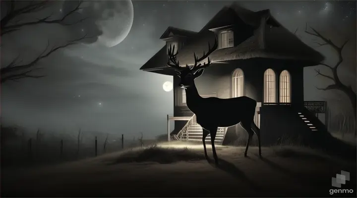 deer stares at a old Caribbean haunted house night moonlit sky