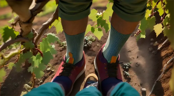 first person view a boy with multicolored shoes. looking down in a vineyard.