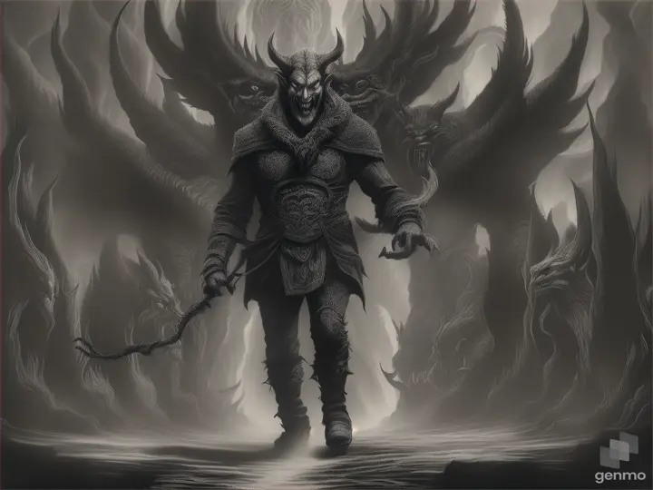 the devil at the gate of hell with a list in his hand pointing out the souls that are entering while moving his tail A row of tormented souls are arriving along a narrow path while the devil laughs, there are rivers of lsvs and sufferingin sketch style charcoal drawing effect