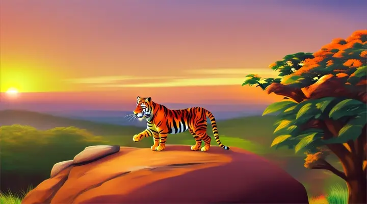 A cute tiger cartoon sitting on a rock under a colorful, vibrant sunset in the African Savannah