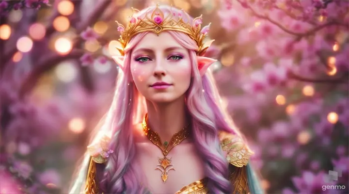 The image depicts a character with their face blurred,  Elf -queen Galadriel  surrounded by a serene and mystical environment. The character has long, flowing pink hair adorned with flowers and wears intricate golden jewelry. horizontal image