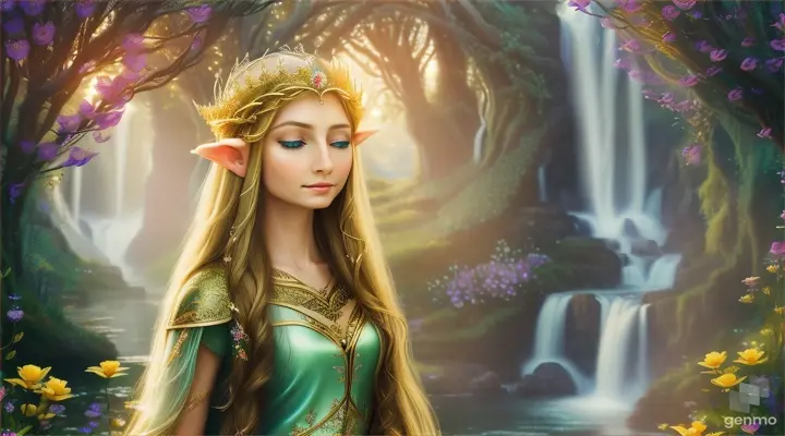 The image depicts a character with their face blurred,  Elf -queen Galadriel  surrounded by a serene and mystical environment. The character has long, flowing adorned with flowers and wears intricate golden jewelry. horizontal image