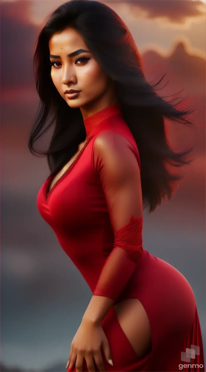 Nepali stylish,beautiful young woman, fit muscle, blow hair touching, outfit red bodycon maxi variation