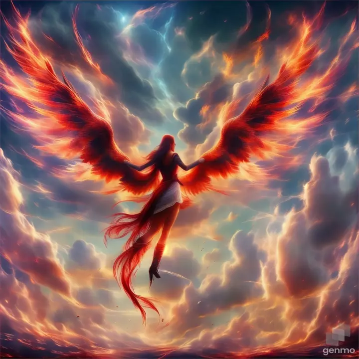 a woman with red wings flying through a cloudy sky