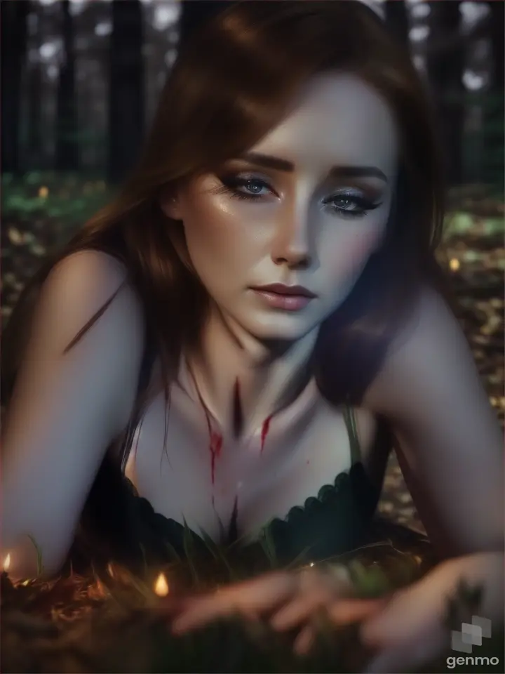 Video realistic characteristics Jessica woman beautiful face com lindo rosto , brown hair , esta ,with a cut scar at neck blood, chorando , she is crying real gesture, and ,she laying on realistic forest ground at night, low light ,realistic colors contrast”