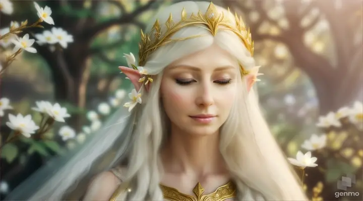 The image depicts a character with their face blurred,  Elf -queen Galadriel  surrounded by a serene and mystical environment. The character has long, flowing adorned with flowers and wears intricate golden jewelry. horizontal image