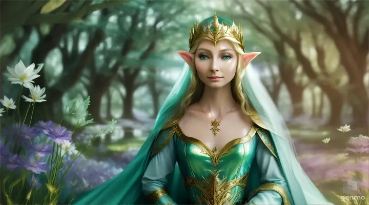 The image depicts a character with their face blurred,  Elf -queen Galadriel  surrounded by a serene and mystical environment. The character has long, flowing adorned with flowers and wears intricate golden jewelry. horizontal image