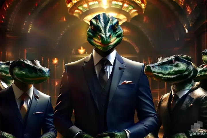 a man in a suit standing next to two alligators