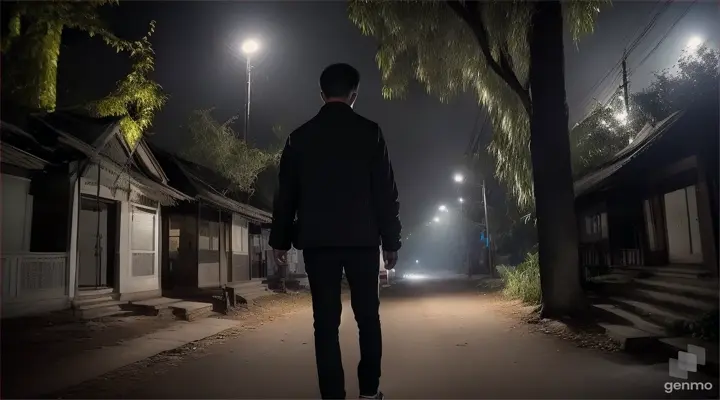 When his steps stepped on the cracked and dusty floor, Chamroeun (an Asian man wearing a black jacket, carrying a bag) felt something was wrong, at the Kampong Chhnang Haunted House in Cambodia, at night.a with video of 16:9