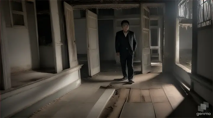 When his steps stepped on the cracked and dusty floor, Chamroeun (an Asian man wearing a black jacket, carrying a bag) felt something was wrong, at the Kampong Chhnang Haunted House in Cambodia, at night.a with video of 16:9