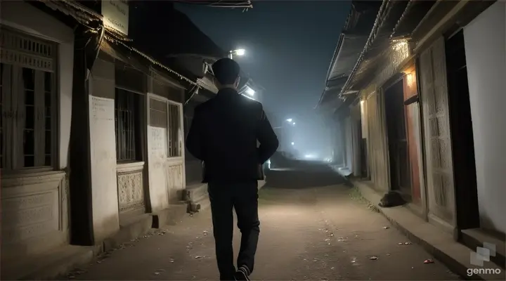 When his steps stepped on the cracked and dusty floor, Chamroeun (an Asian man wearing a black jacket, carrying a bag) felt something was wrong, at the Kampong Chhnang Haunted House in Cambodia, at night.a with video of 16:9