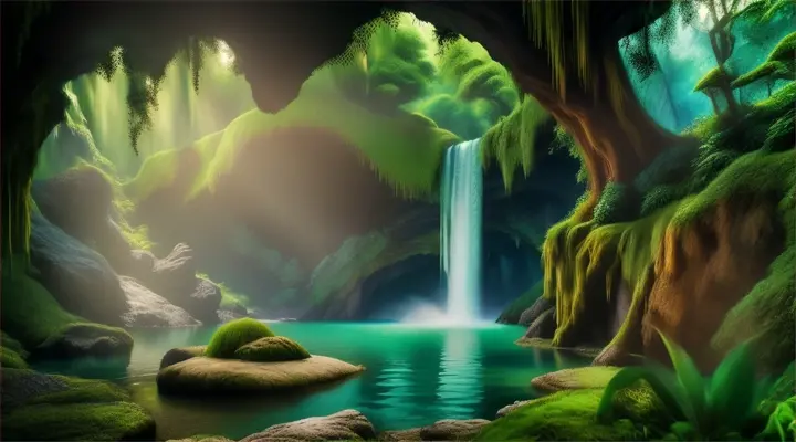 A hidden oasis behind a luminous waterfall cascading from the mouth of an exotic cave