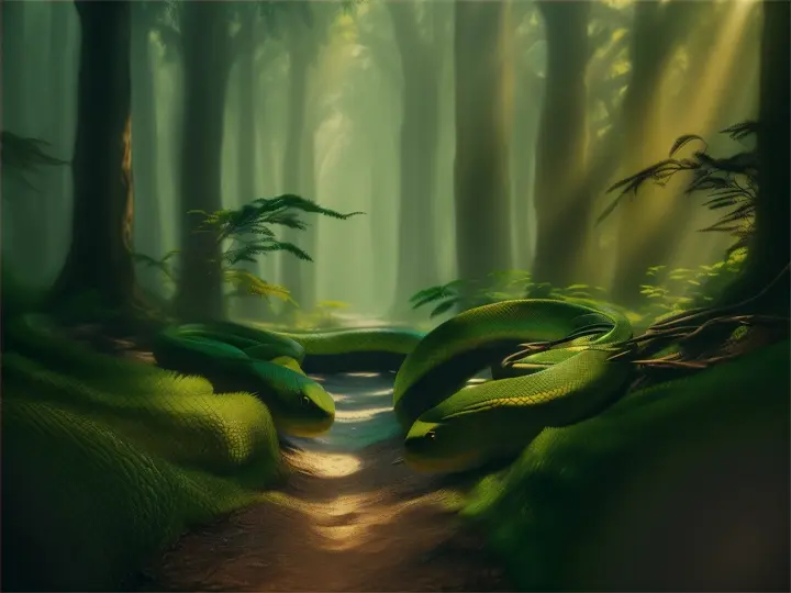a painting of two snakes in the middle of a forest