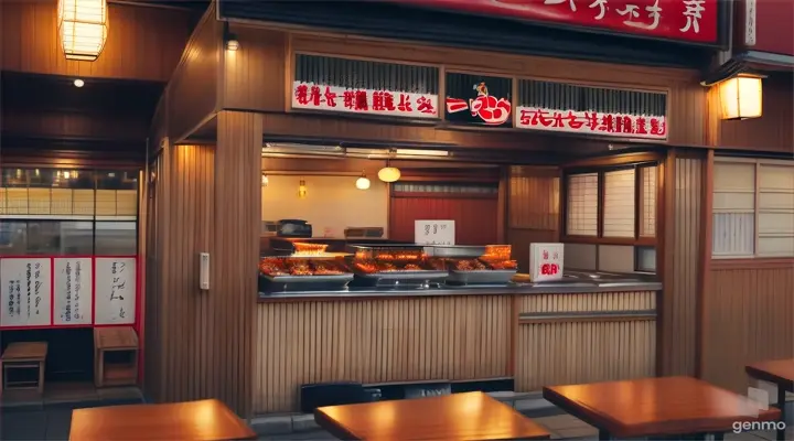 Puesto de comida: Un pequeño local con una parrilla donde se cocina takoyaki, okonomiyaki y yakitori. El aroma a comida caliente y deliciosa se mezcla con el sonido de la parrilla y las risas de los clientes que disfrutan de la comida en el lugar.
