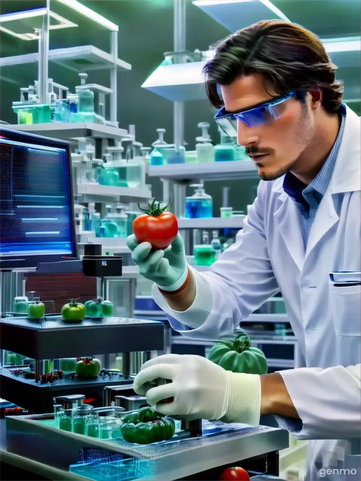 A bad guy holds a tomato in the laboratory