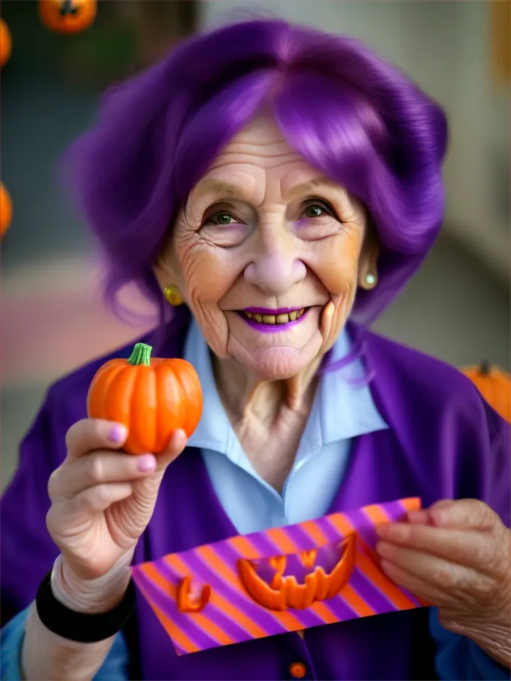 a purple haired old woman giving out candy.