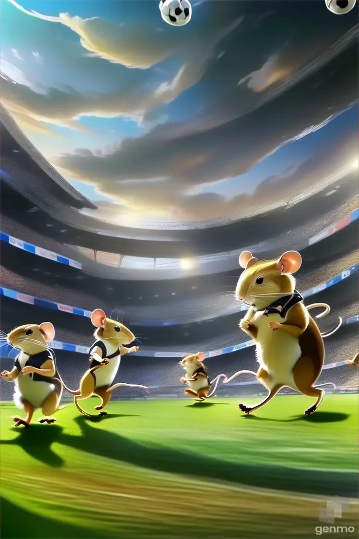 a group of mice running across a soccer field