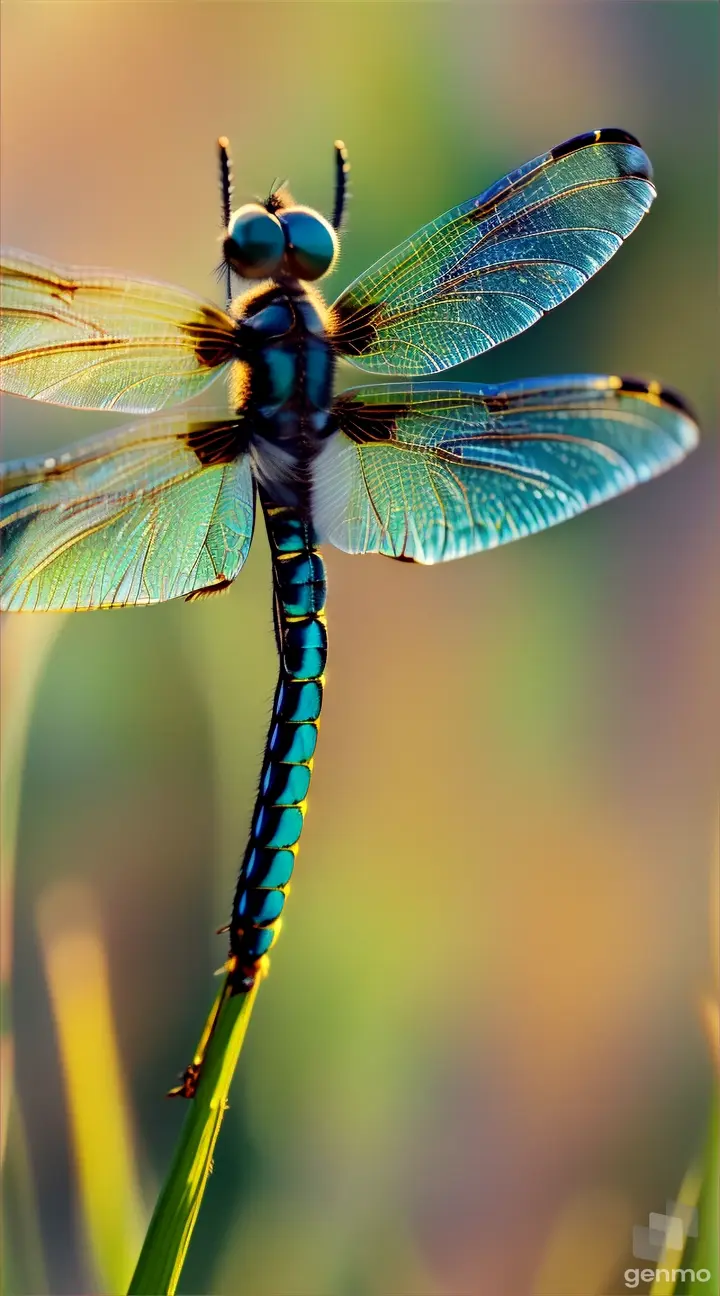 Close-up of a dragonfly resting on a slender reed, its wings shimmering in the sunlight.
