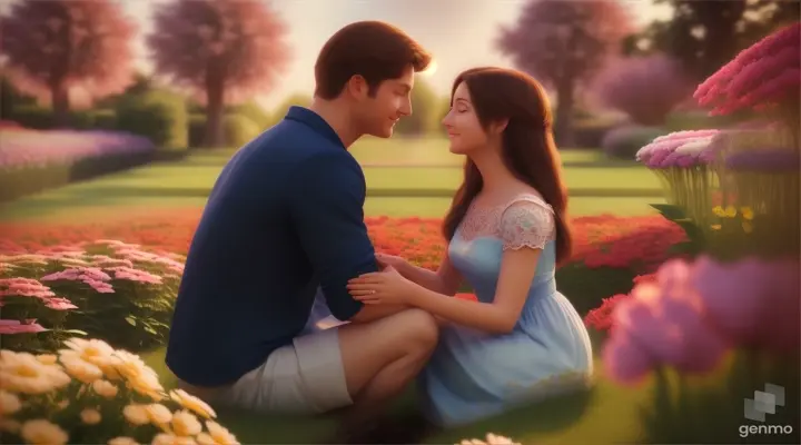 3d   REALISTIC couple sit in flower garden