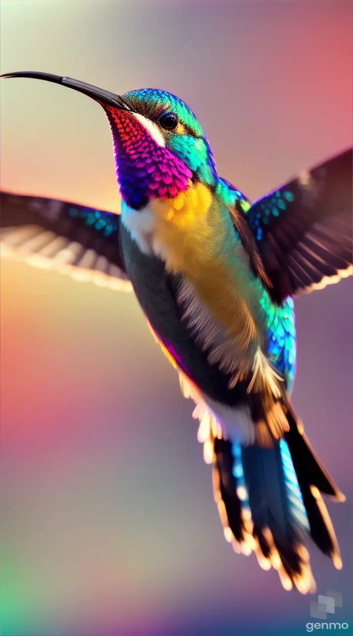 Close-up of a hummingbird hovering in mid-air, its iridescent feathers catching the sunlight.
