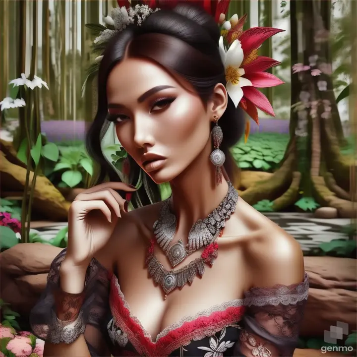Woman with flower in monochrome garden, with only the flower and her dress in bold color