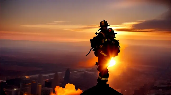 A firefighter carrying someone down a tall building silhouetted against a majestic, fiery sunrise cityscape