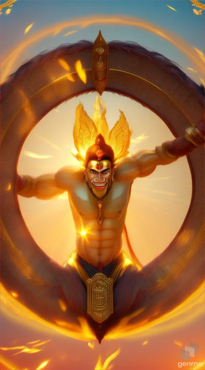  Hanuman carrying Lanka (Burning Lanka in his hand):** 
- Portray a determined Hanuman leaping through the air, Lanka ablaze in his hand, with golden light illuminating his path and birds scattering in awe. with golden rays around God Hanuman with cinematic golden effects and different small butterflies flying the background of God Hanuman