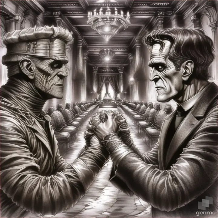 La momia VS Frankenstein en carboncillo 