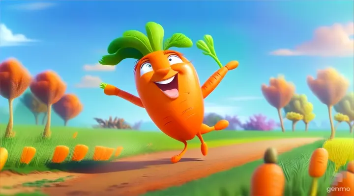 a cartoon carrot running through a field of carrots