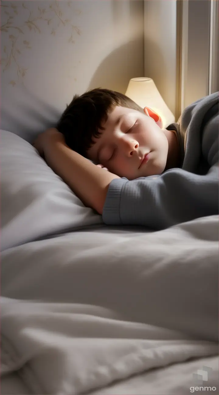 Panel 1: Close-up of the protagonist big boy sleeping peacefully in bed, with moonlight filtering through the window.] 
