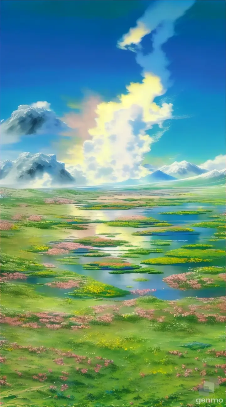 a painting of a green field with flowers and mountains in the background